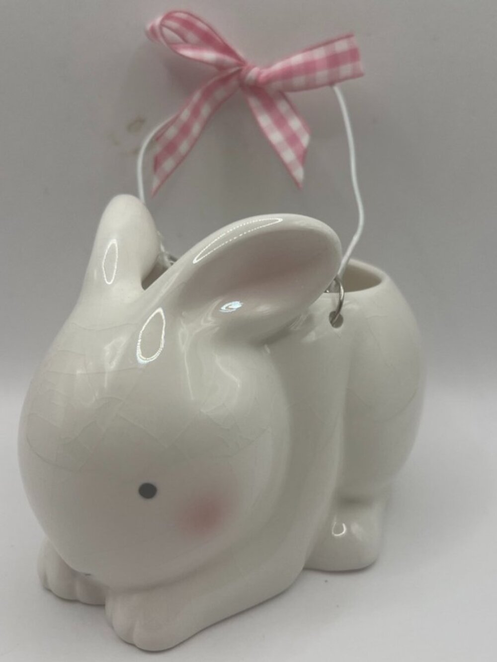 Vtg Hallmark White Ceramic Bunny Rabbit Planter w/ Handle Hand Painted 4x6"